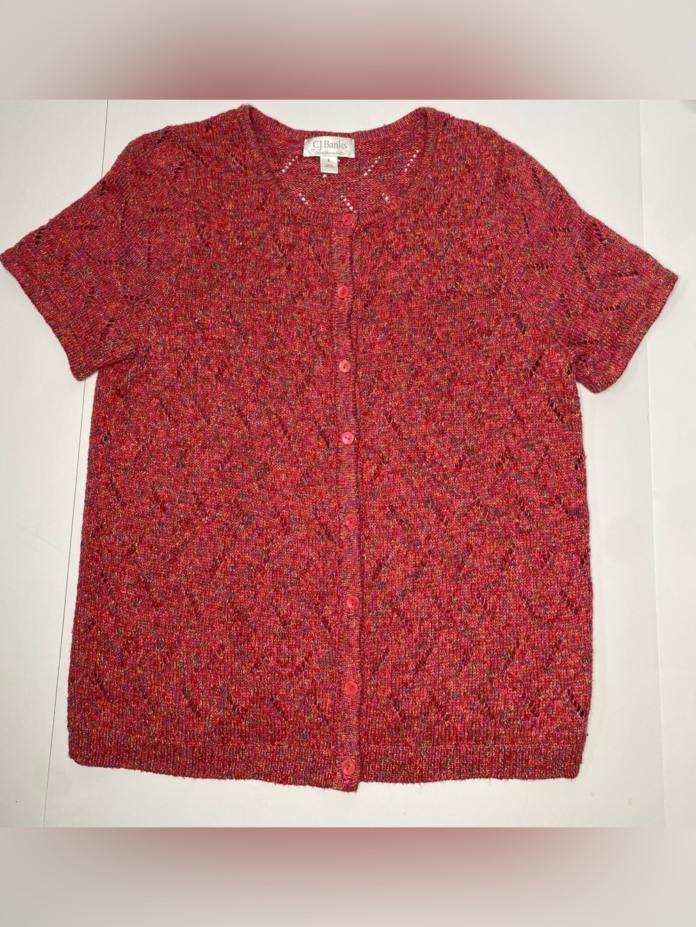 Short Sleeve Button Front Cardigan Sweater Pink Multi-Color Sz 1X
